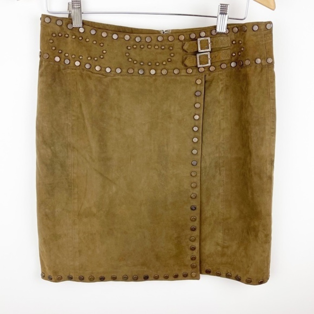 VS² Vakko Brown Suede Leather Studded Skirt - Size 8